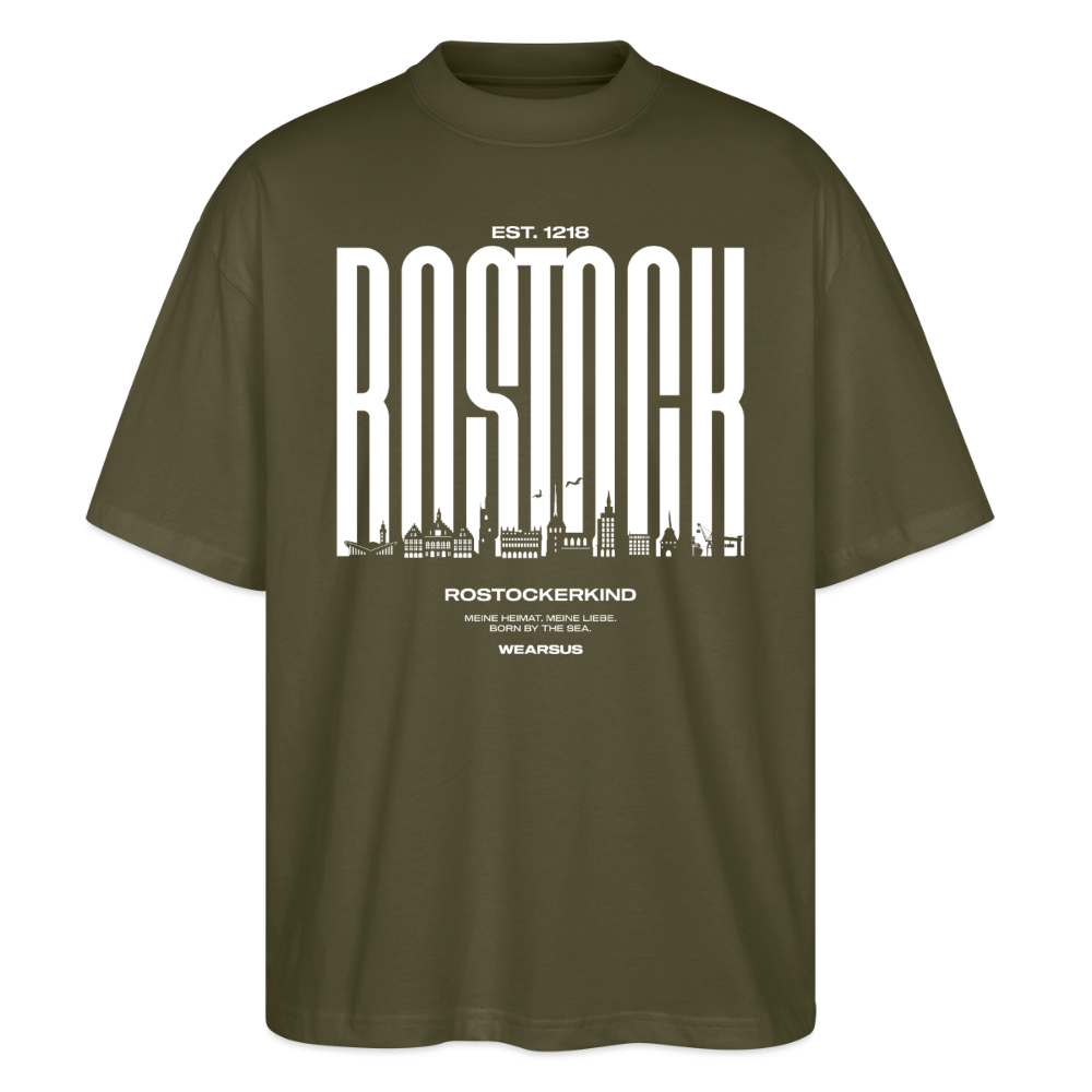 Rostock 'Rostockerkind' Bio Oversized T-Shirt Unisex Front Print Farbe - Khaki