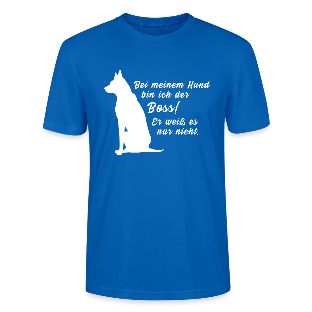 Unisex Sprüche T-Shirt 'Bei meinem Hund bin ich der Boss! Er weiß es nur nicht.' - Pfauenblau