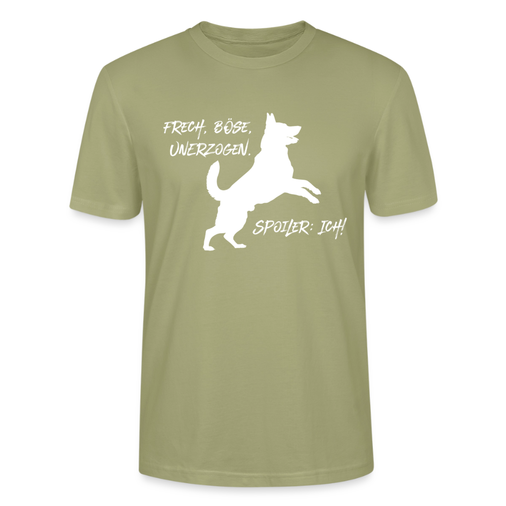 Unisex Sprüche T-Shirt 'Frech, böse, unerzogen. Spoiler: Ich!' - Nebelgrün