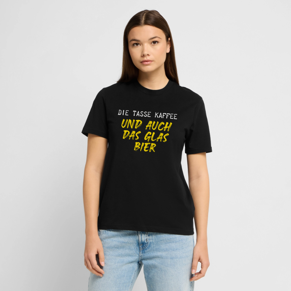 Unisex Sprüche T-Shirt 'Die Tasse Kaffee und auch das Glas Bier' - Schwarz
