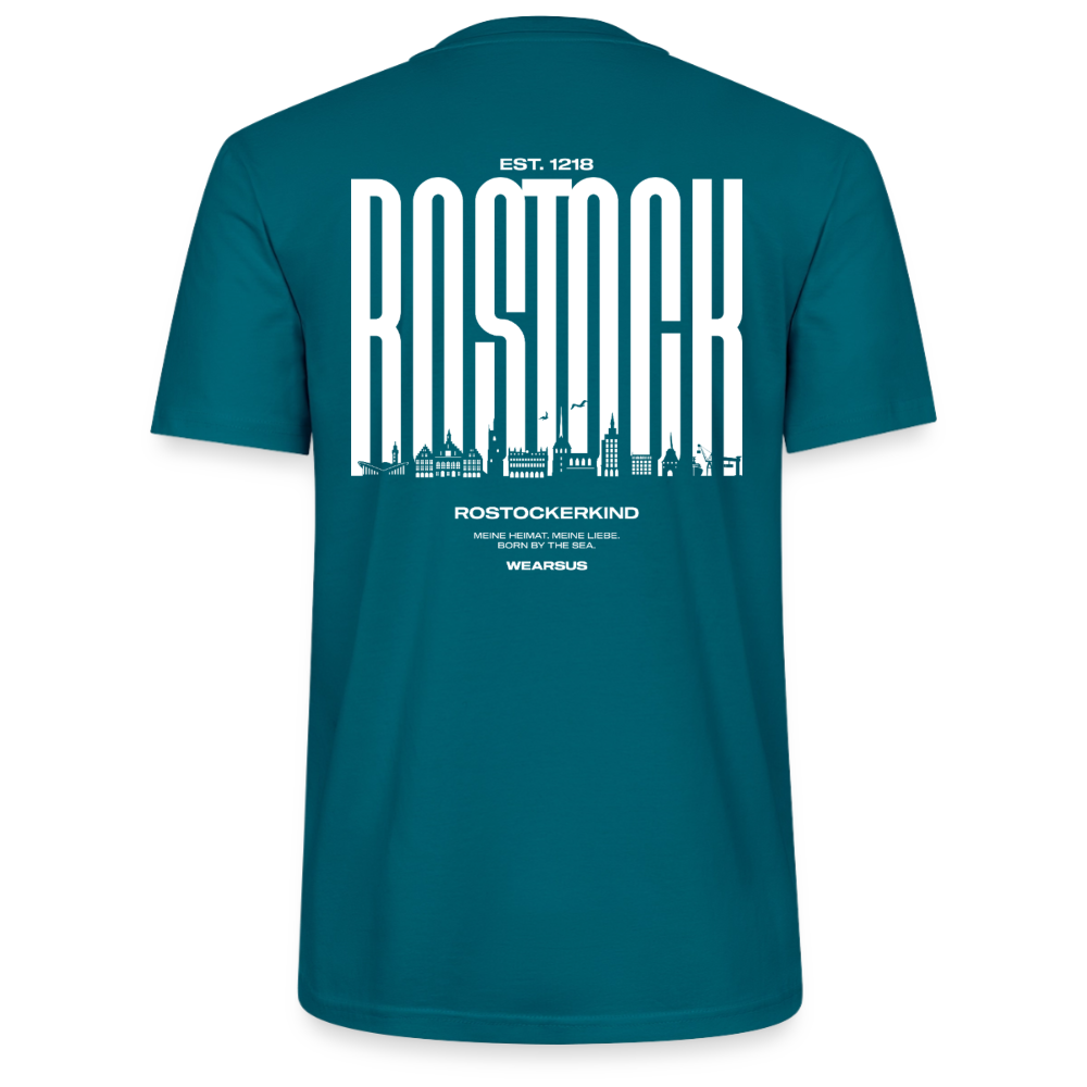 Rostock 'Rostockerkind' Bio T-Shirt Unisex Back Print Farbe - Ozeanblau