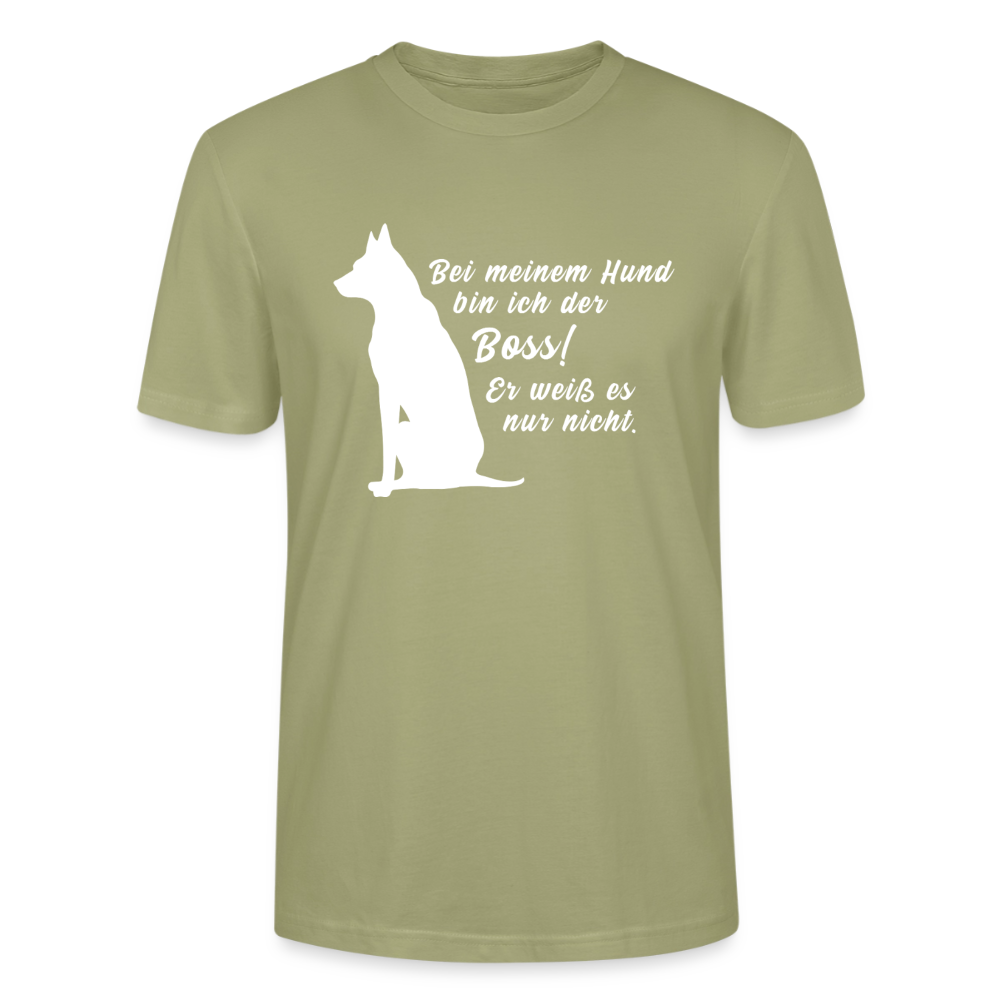 Unisex Sprüche T-Shirt 'Bei meinem Hund bin ich der Boss! Er weiß es nur nicht.' - Nebelgrün