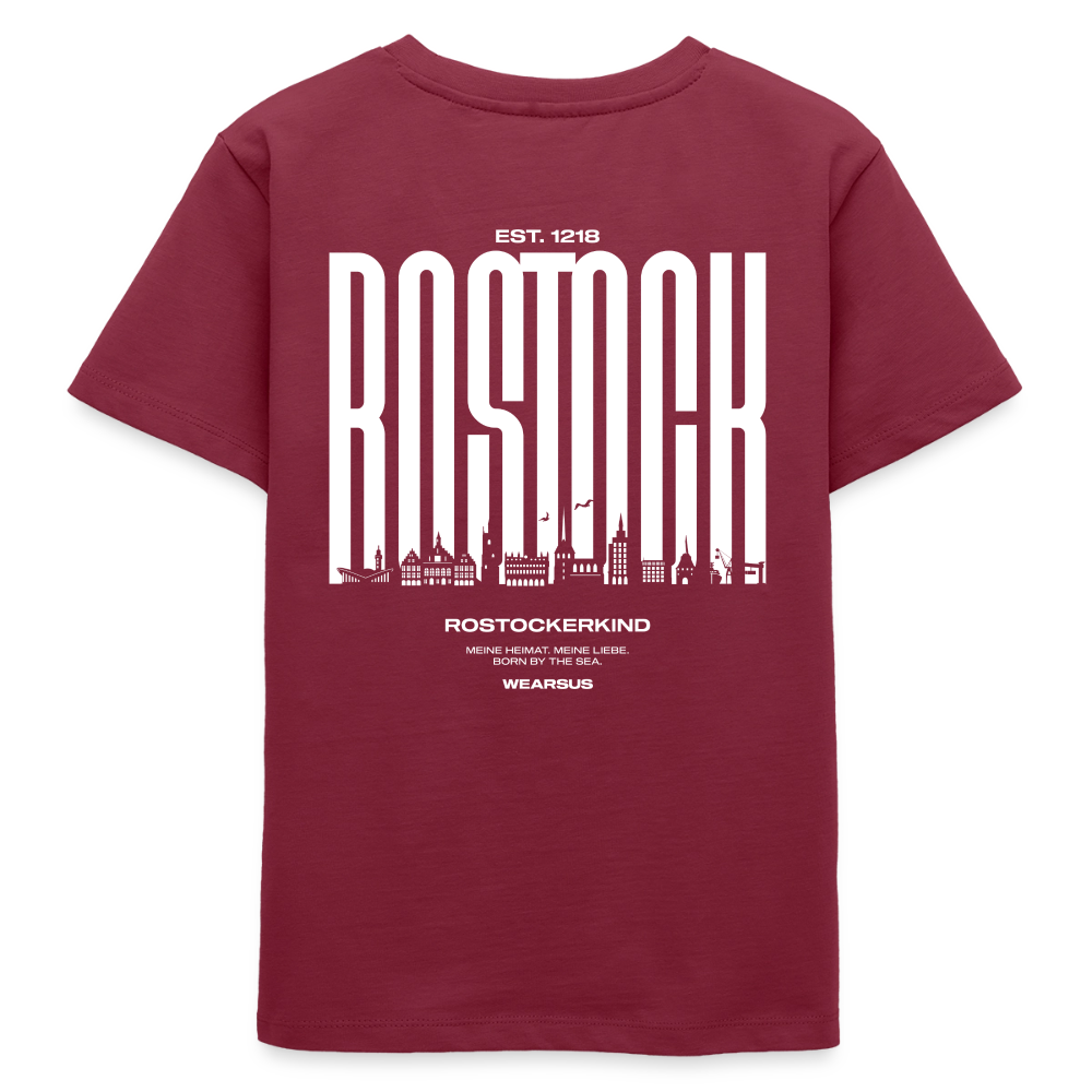 Rostock 'Rostockerkind' Bio T-Shirt Kinder 9-13 Jahre Back Print Farbe - Burgunderrot