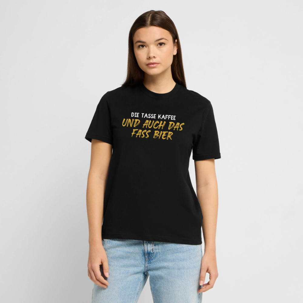 Unisex Sprüche T-Shirt 'Die Tasse Kaffee und auch das Fass Bier' - Schwarz