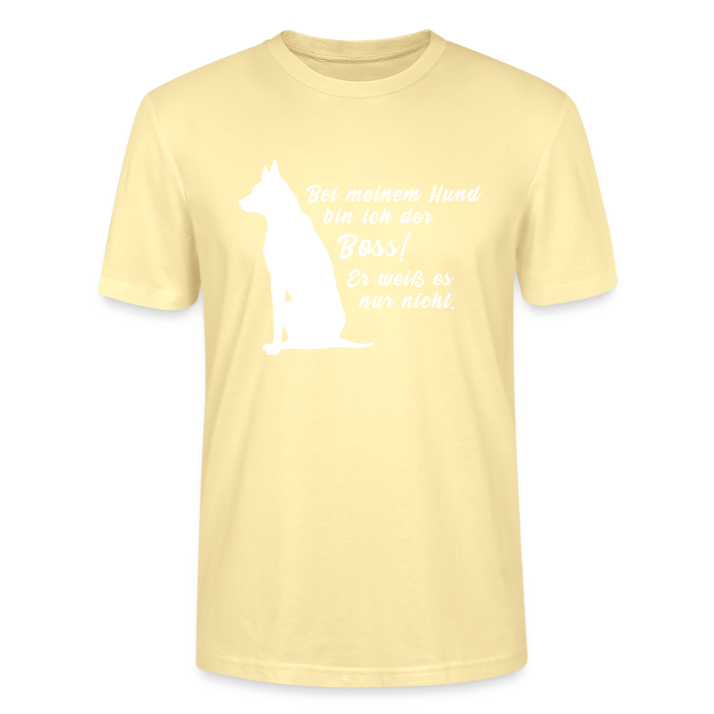 Unisex Sprüche T-Shirt 'Bei meinem Hund bin ich der Boss! Er weiß es nur nicht.' - Creme