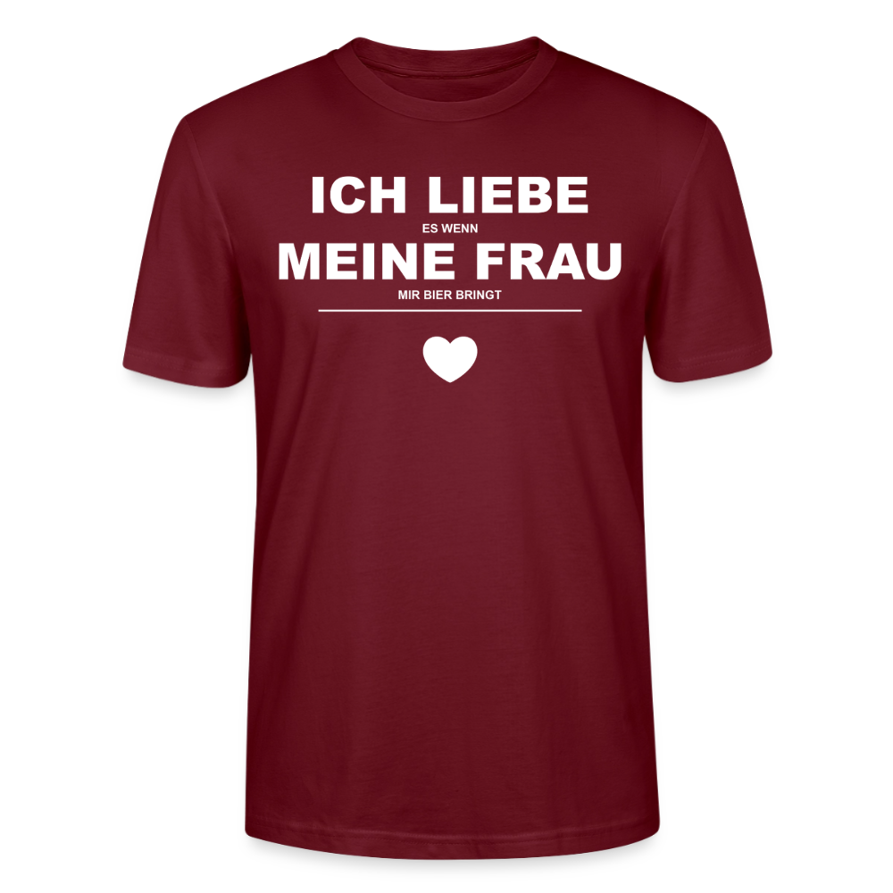 Unisex Sprüche T-Shirt 'Ich liebe es wenn meine Frau mir Bier bringt' - Burgunderrot