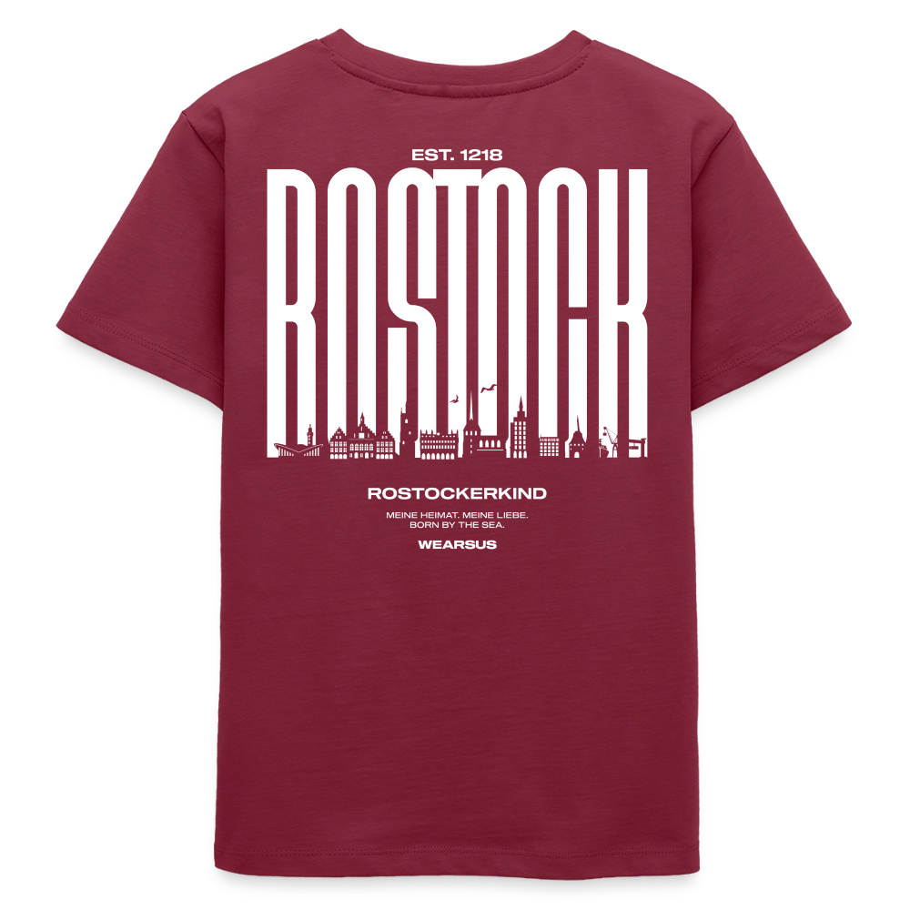 Rostock 'Rostockerkind' Bio T-Shirt Kinder 9-13 Jahre Back Print Farbe - Burgunderrot