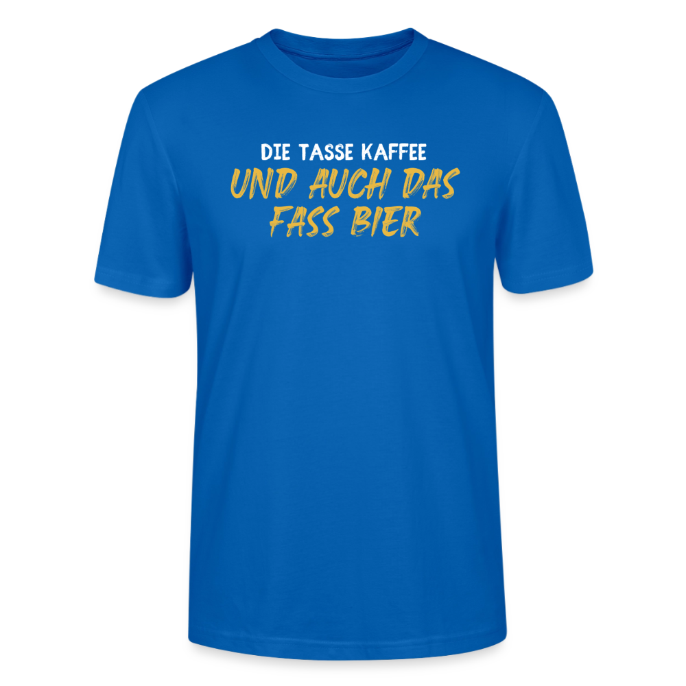 Unisex Sprüche T-Shirt 'Die Tasse Kaffee und auch das Fass Bier' - Pfauenblau
