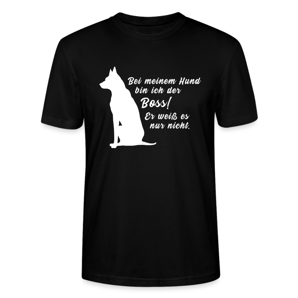 Unisex Sprüche T-Shirt 'Bei meinem Hund bin ich der Boss! Er weiß es nur nicht.' - Schwarz