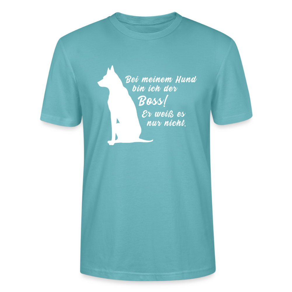 Unisex Sprüche T-Shirt 'Bei meinem Hund bin ich der Boss! Er weiß es nur nicht.' - Pastelltürkis