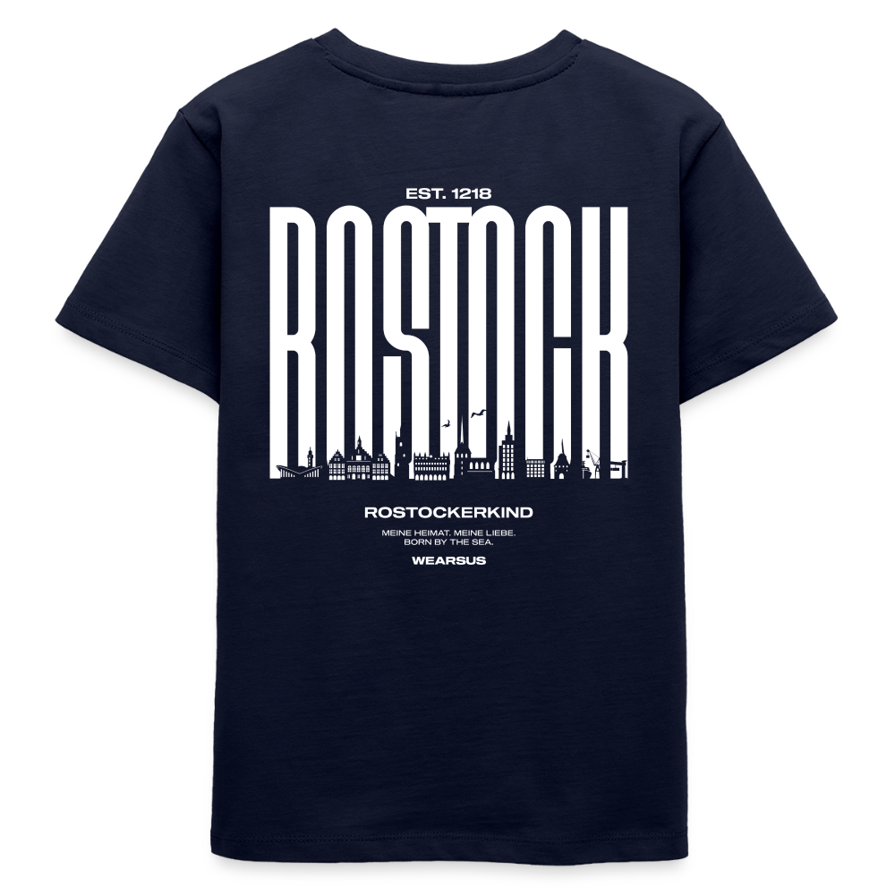 Rostock 'Rostockerkind' Bio T-Shirt Kinder 9-13 Jahre Back Print Farbe - Navy