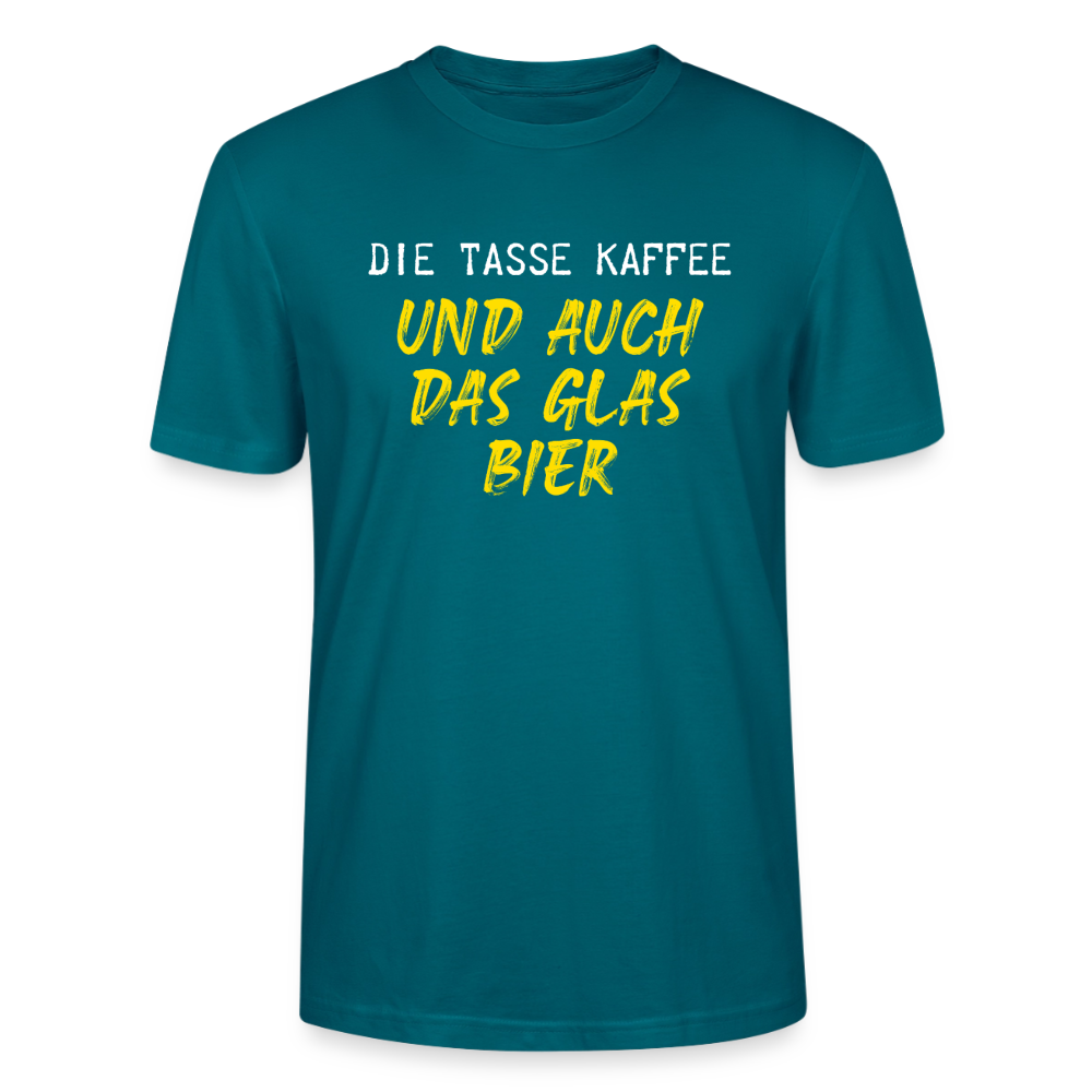 Unisex Sprüche T-Shirt 'Die Tasse Kaffee und auch das Glas Bier' - Ozeanblau