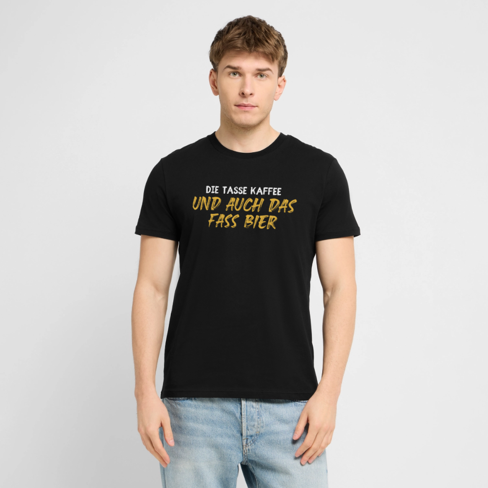 Unisex Sprüche T-Shirt 'Die Tasse Kaffee und auch das Fass Bier' - Schwarz