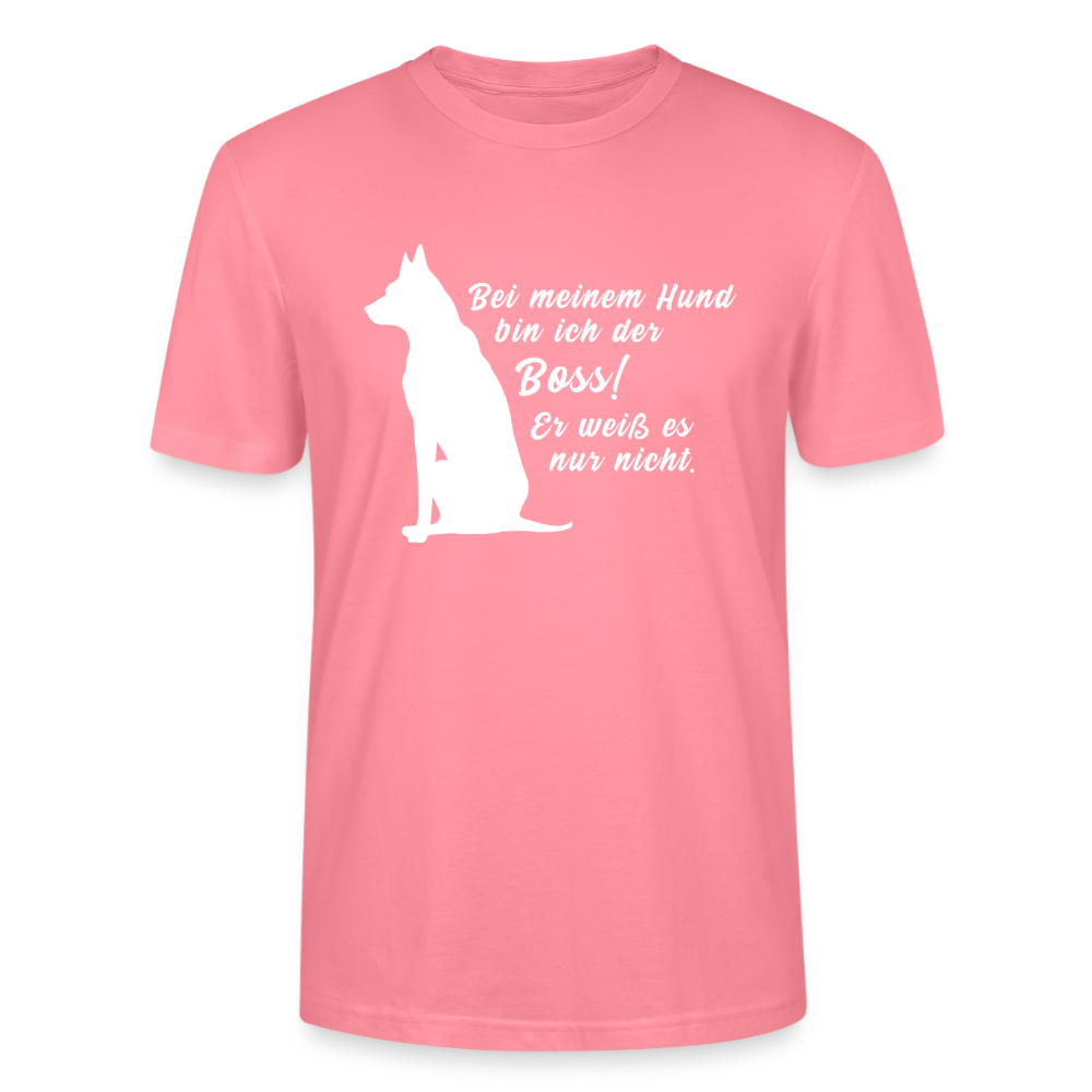 Unisex Sprüche T-Shirt 'Bei meinem Hund bin ich der Boss! Er weiß es nur nicht.' - Pink 