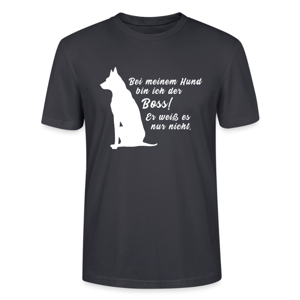 Unisex Sprüche T-Shirt 'Bei meinem Hund bin ich der Boss! Er weiß es nur nicht.' - Dunkles Graublau