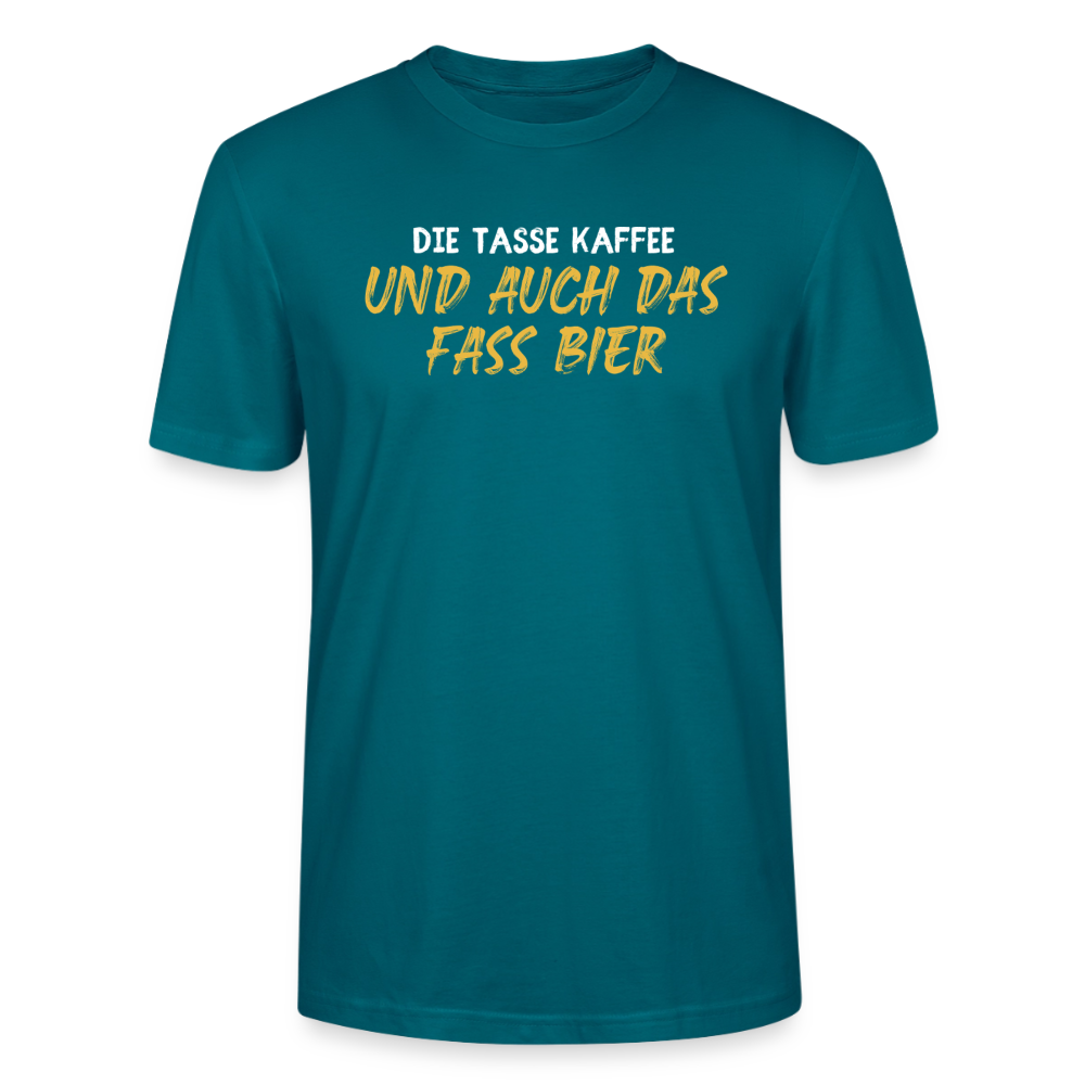 Unisex Sprüche T-Shirt 'Die Tasse Kaffee und auch das Fass Bier' - Ozeanblau