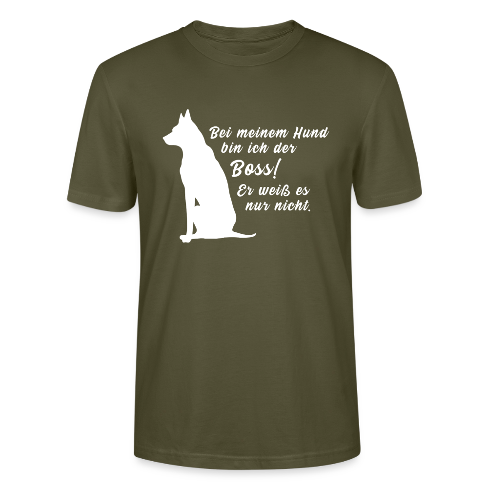 Unisex Sprüche T-Shirt 'Bei meinem Hund bin ich der Boss! Er weiß es nur nicht.' - Khaki