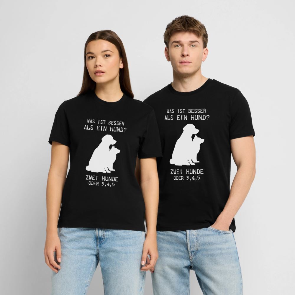 Unisex Sprüche T-Shirt 'Was ist besser als ein Hund? Zwei Hunde oder 3,4,5' - Schwarz