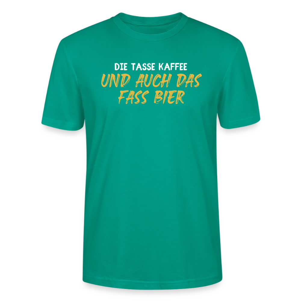 Unisex Sprüche T-Shirt 'Die Tasse Kaffee und auch das Fass Bier' - Blaugrün