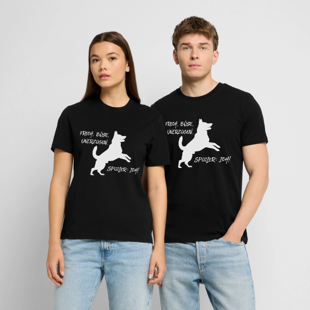 Unisex Sprüche T-Shirt 'Frech, böse, unerzogen. Spoiler: Ich!' - Schwarz