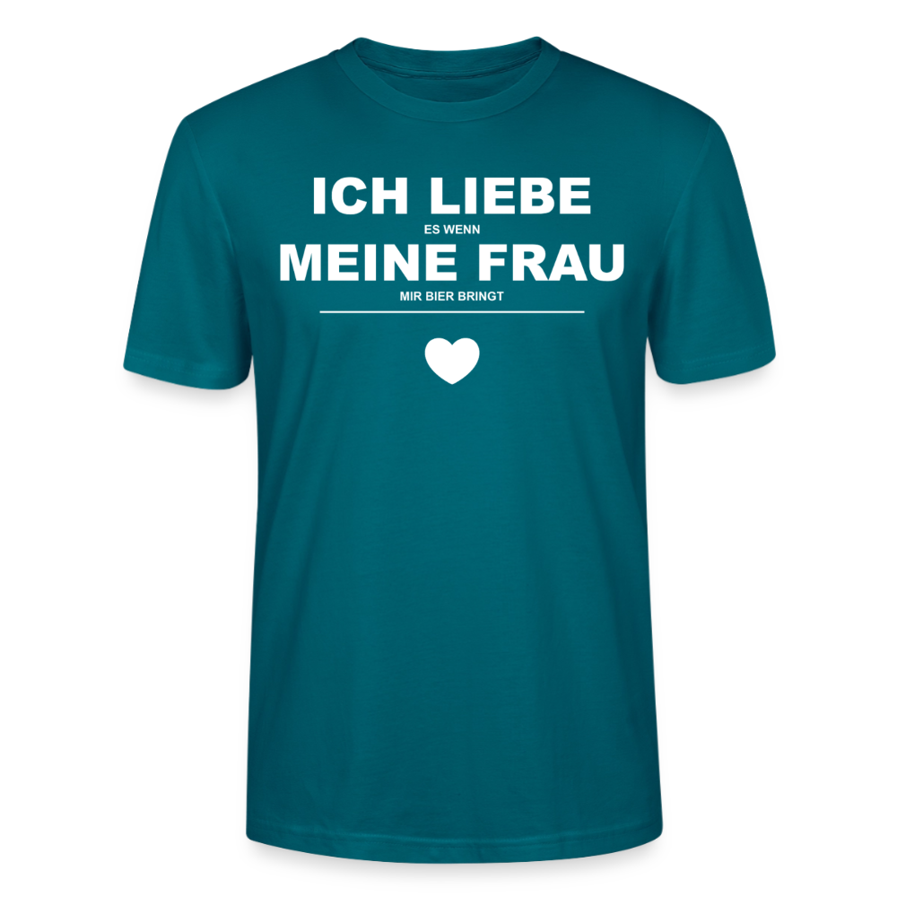 Unisex Sprüche T-Shirt 'Ich liebe es wenn meine Frau mir Bier bringt' - Ozeanblau