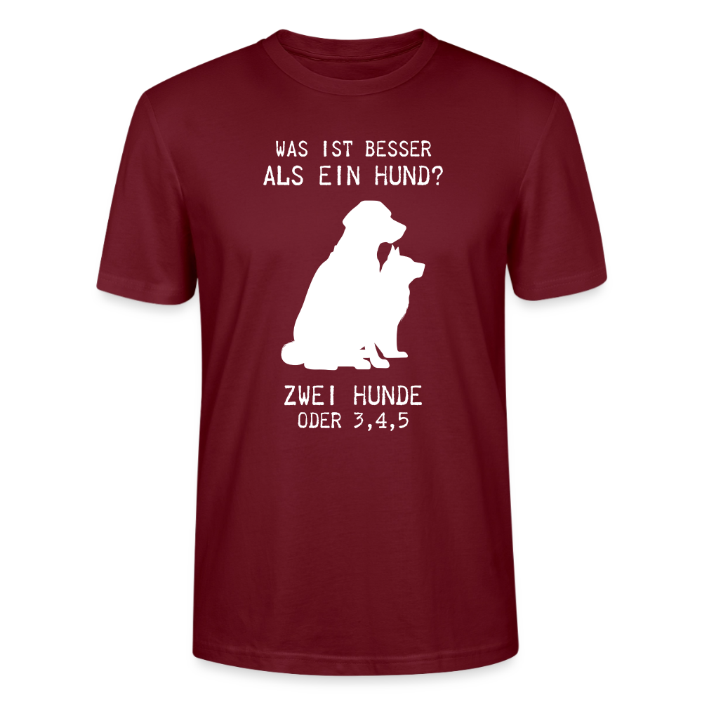 Unisex Sprüche T-Shirt 'Was ist besser als ein Hund? Zwei Hunde oder 3,4,5' - Burgunderrot