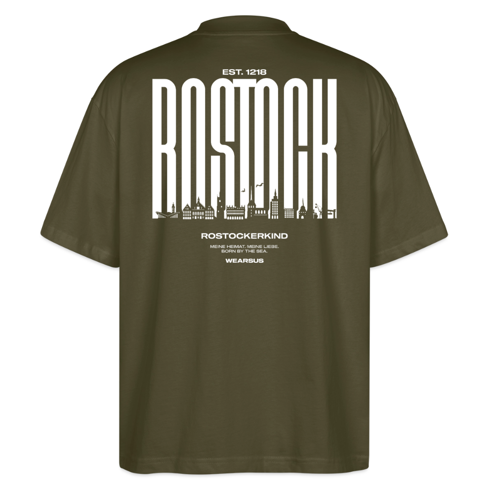 Rostock 'Rostockerkind' Bio Oversized T-Shirt Unisex Back Print Farbe - Khaki