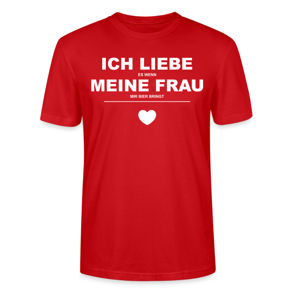 Unisex Sprüche T-Shirt 'Ich liebe es wenn meine Frau mir Bier bringt' - Rot