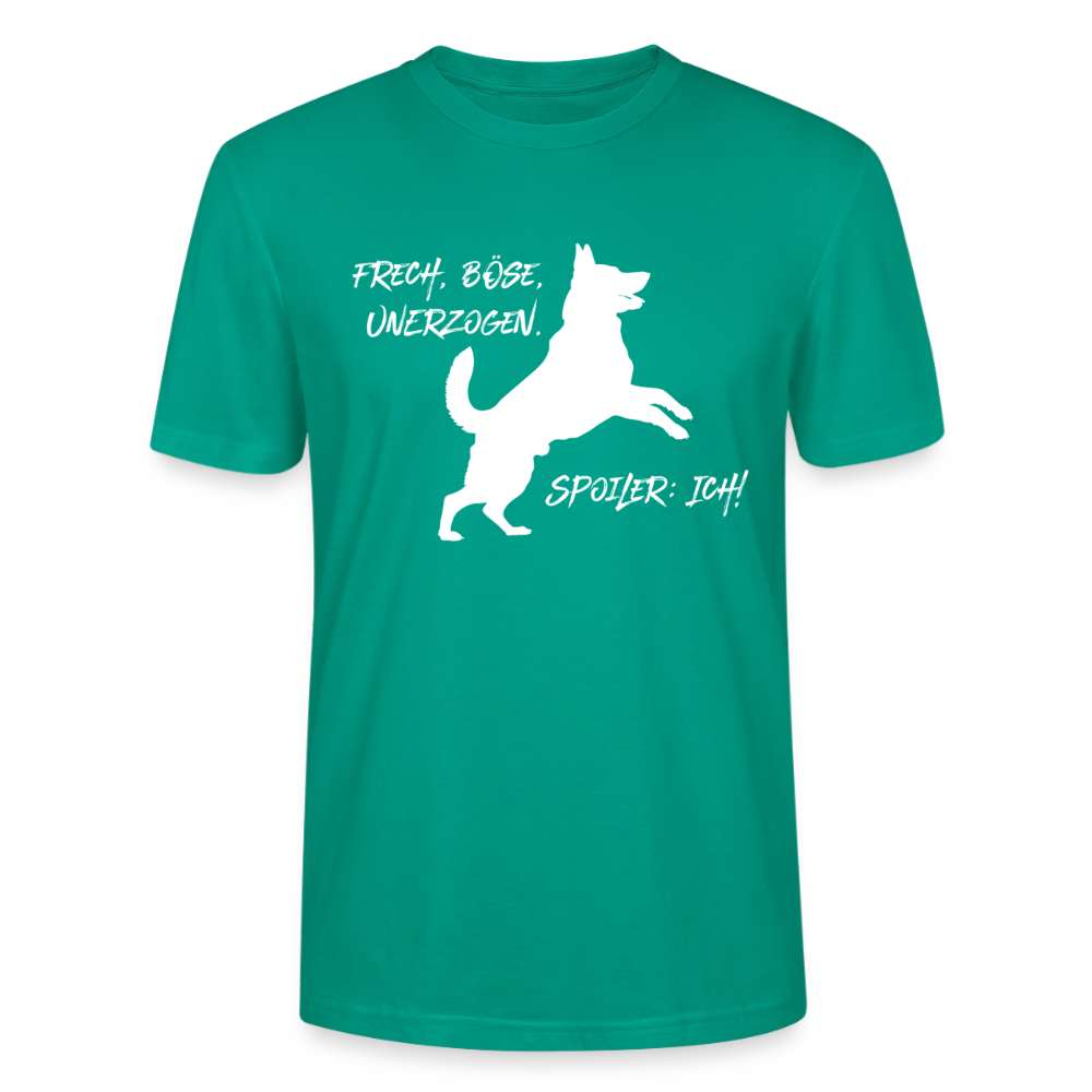 Unisex Sprüche T-Shirt 'Frech, böse, unerzogen. Spoiler: Ich!' - Blaugrün