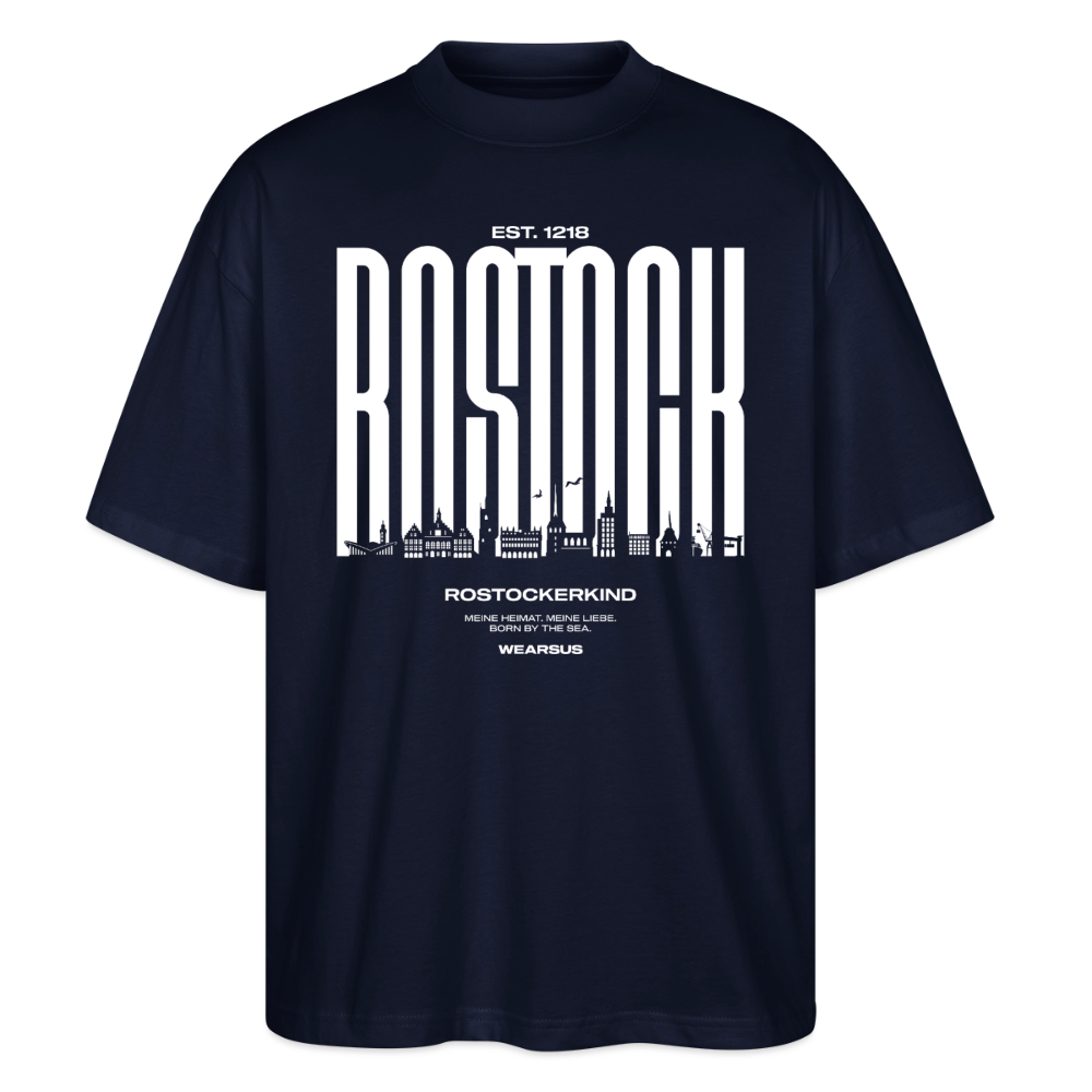 Rostock 'Rostockerkind' Bio Oversized T-Shirt Unisex Front Print Farbe - Navy