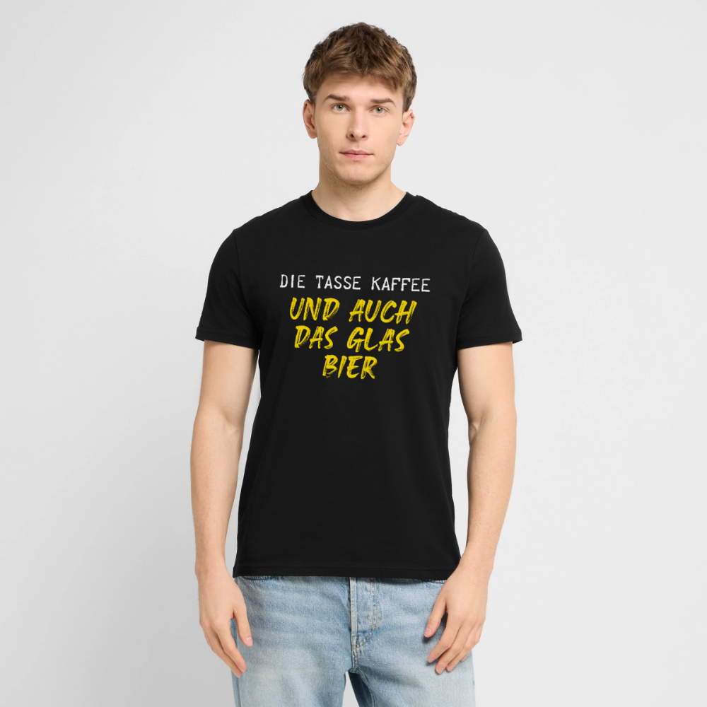 Unisex Sprüche T-Shirt 'Die Tasse Kaffee und auch das Glas Bier' - Schwarz