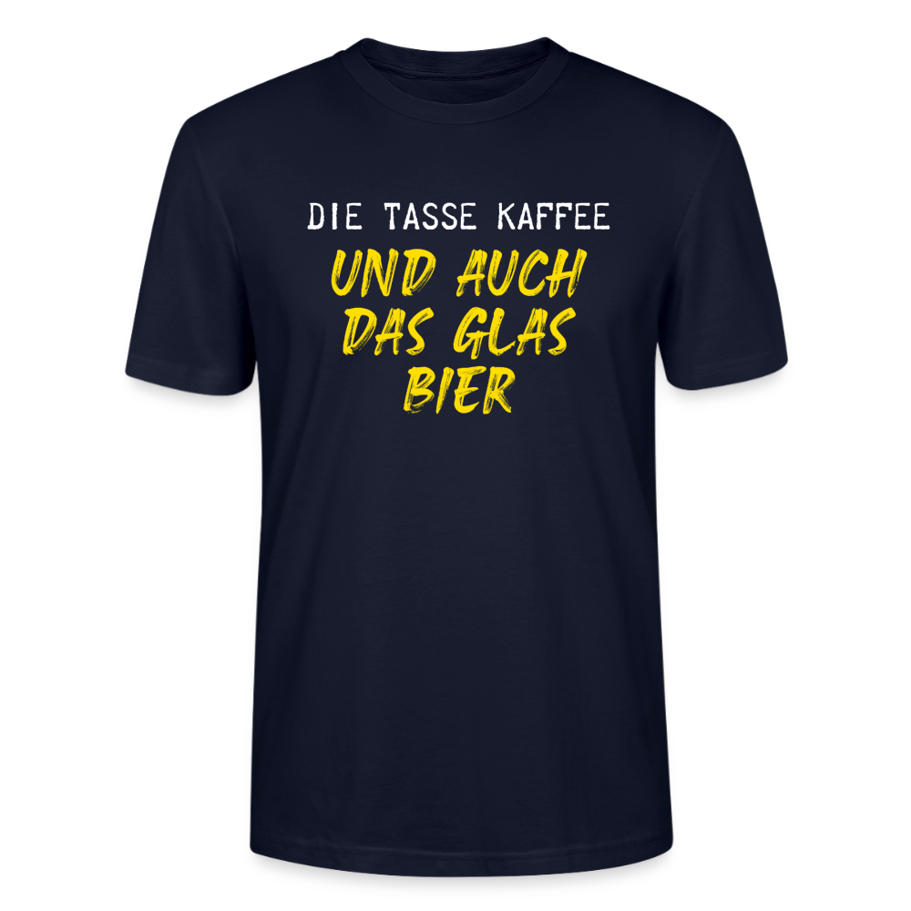 Unisex Sprüche T-Shirt 'Die Tasse Kaffee und auch das Glas Bier' - Navy