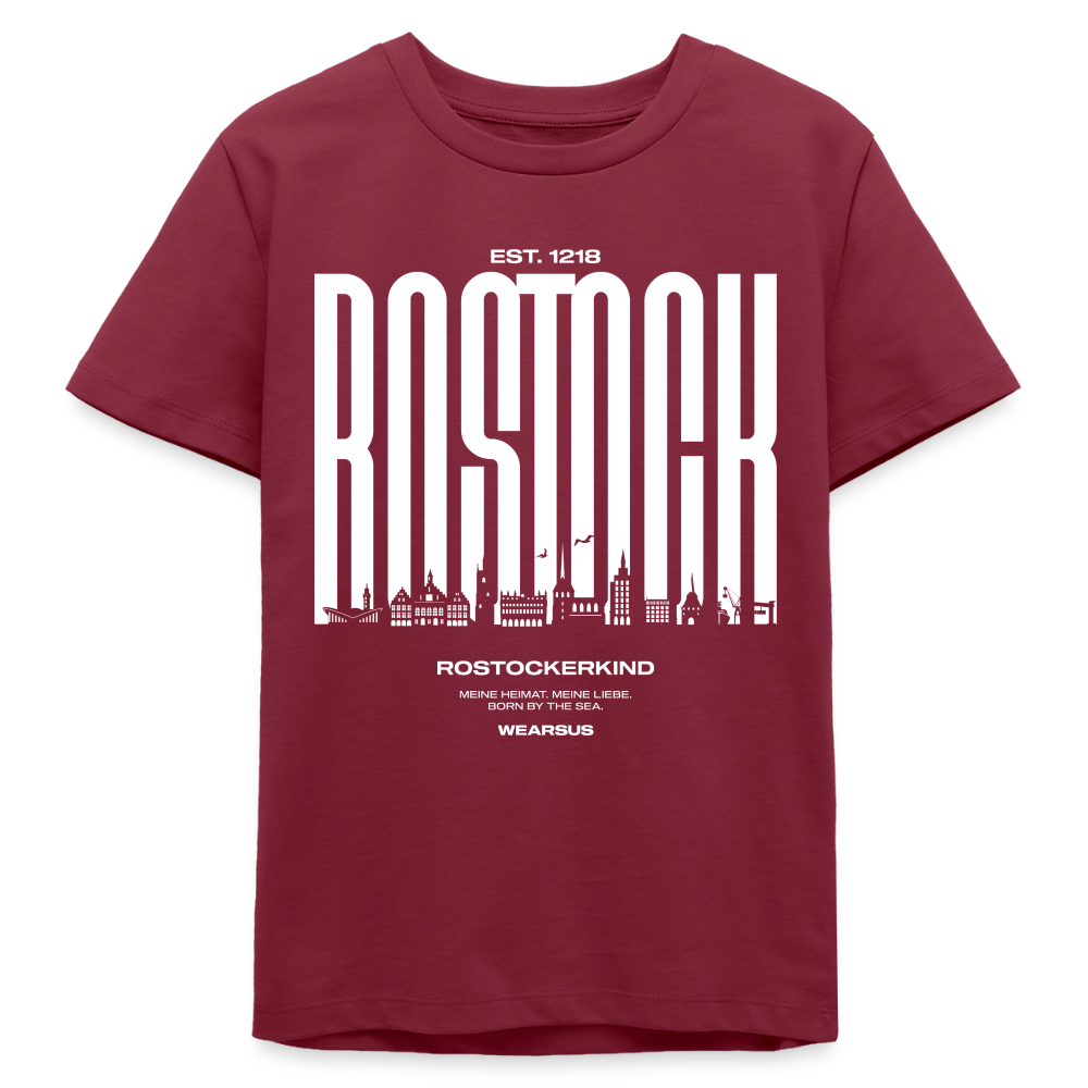 Rostock 'Rostockerkind' Bio T-Shirt Kinder 9-13 Jahre Front Print Farbe - Burgunderrot