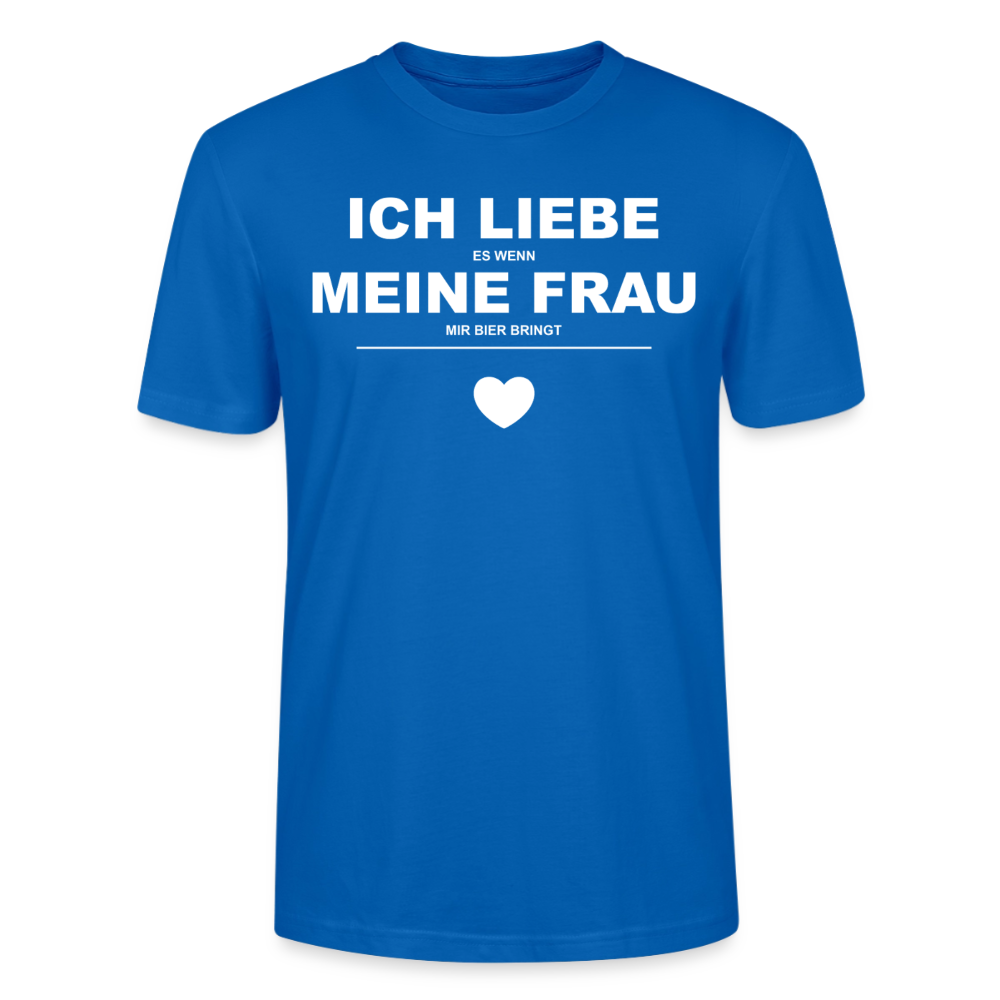 Unisex Sprüche T-Shirt 'Ich liebe es wenn meine Frau mir Bier bringt' - Pfauenblau