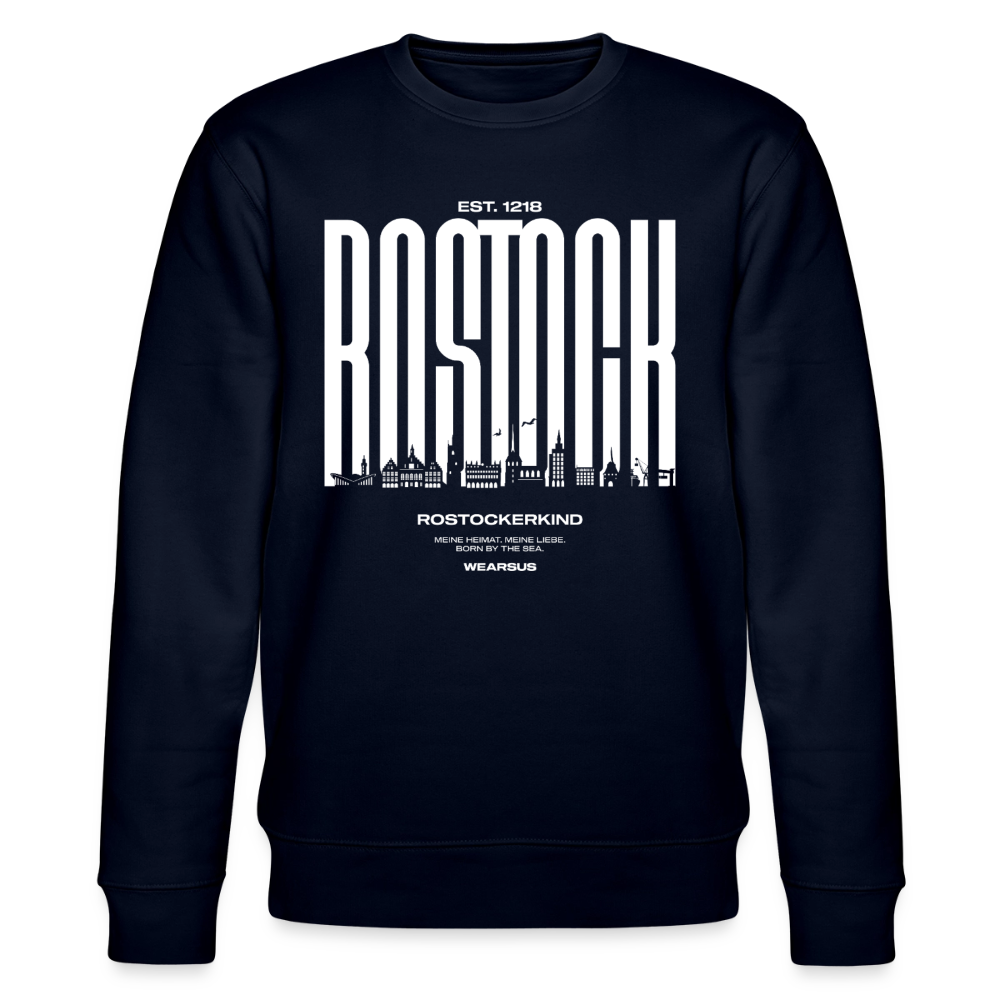 Rostock 'Rostockerkind' Bio Sweatshirt Unisex Front Print weiß - Navy