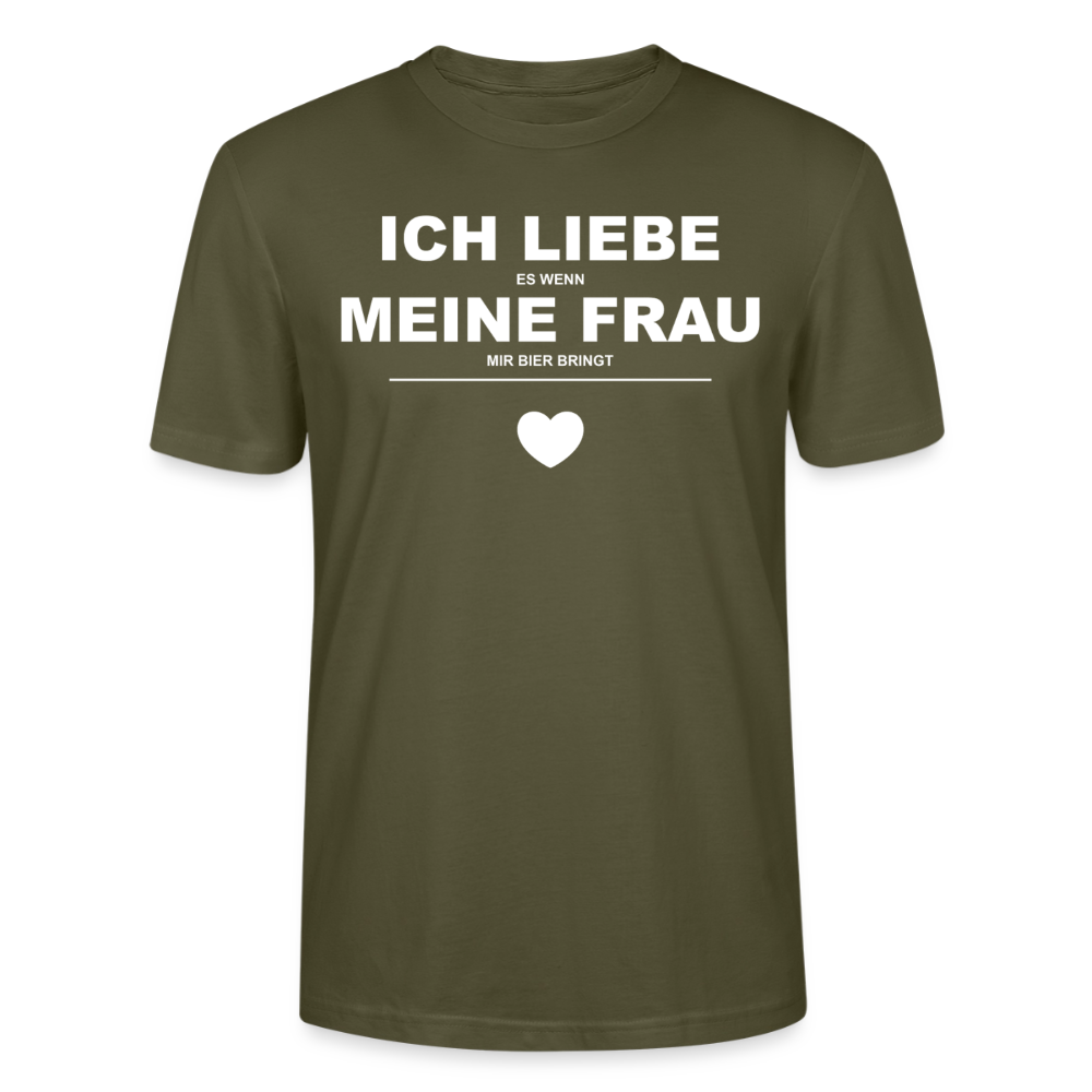 Unisex Sprüche T-Shirt 'Ich liebe es wenn meine Frau mir Bier bringt' - Khaki