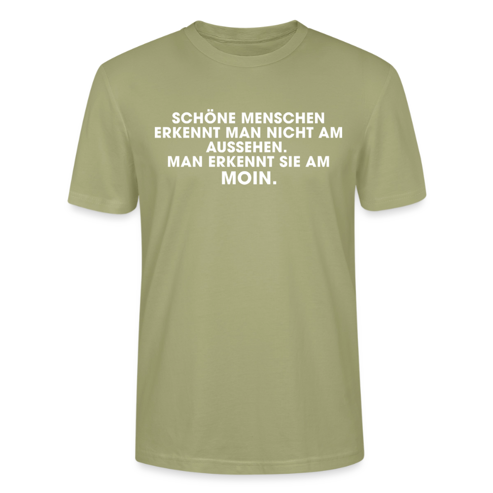 Unisex Sprüche T-Shirt 'Schöne Menschen erkennt man am Moin' Fun Shirt - Nebelgrün