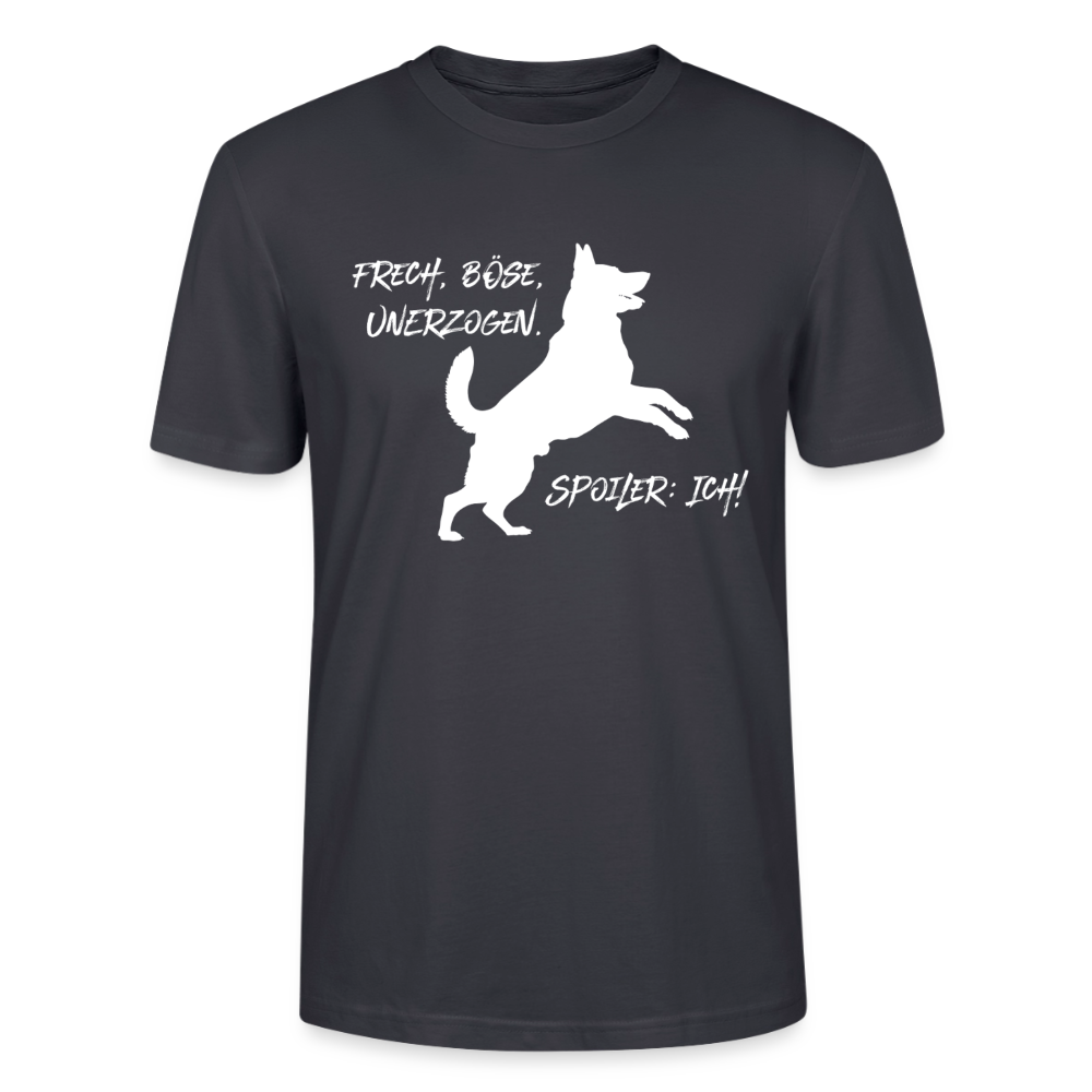 Unisex Sprüche T-Shirt 'Frech, böse, unerzogen. Spoiler: Ich!' - Dunkles Graublau