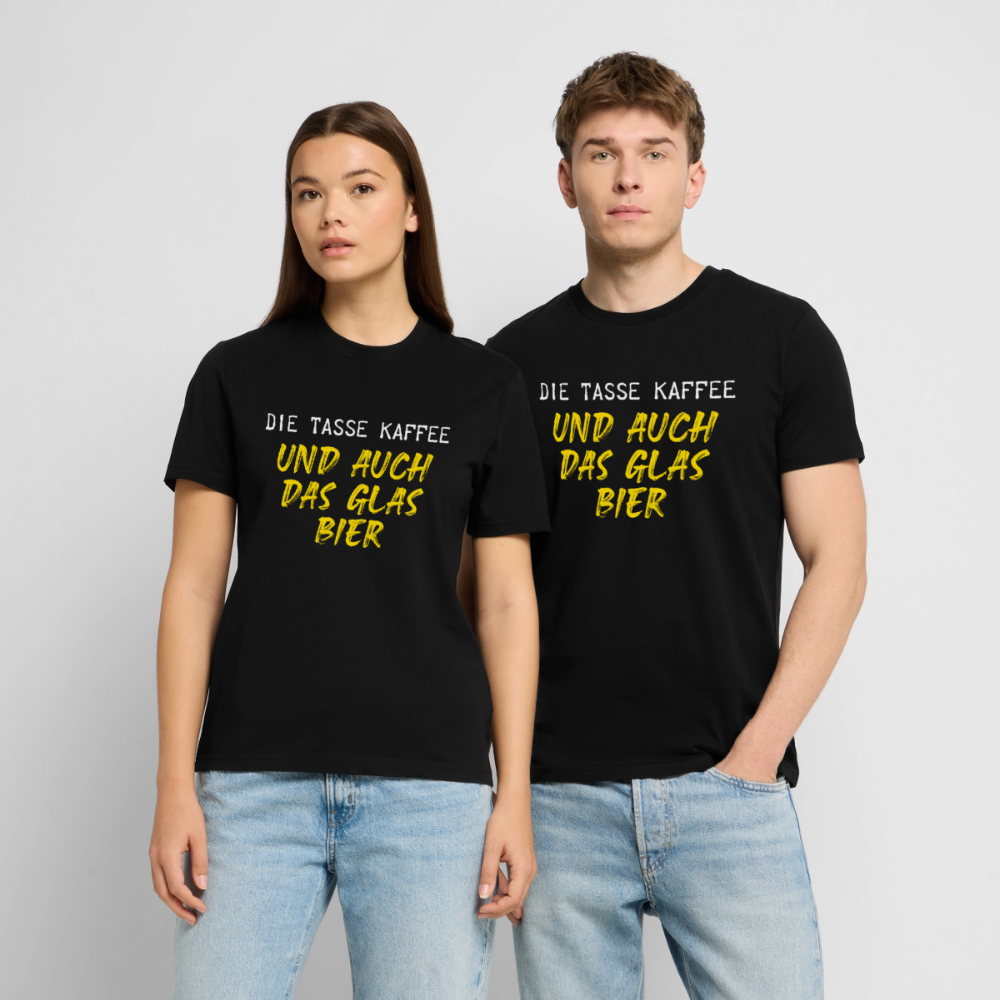 Unisex Sprüche T-Shirt 'Die Tasse Kaffee und auch das Glas Bier' - Schwarz
