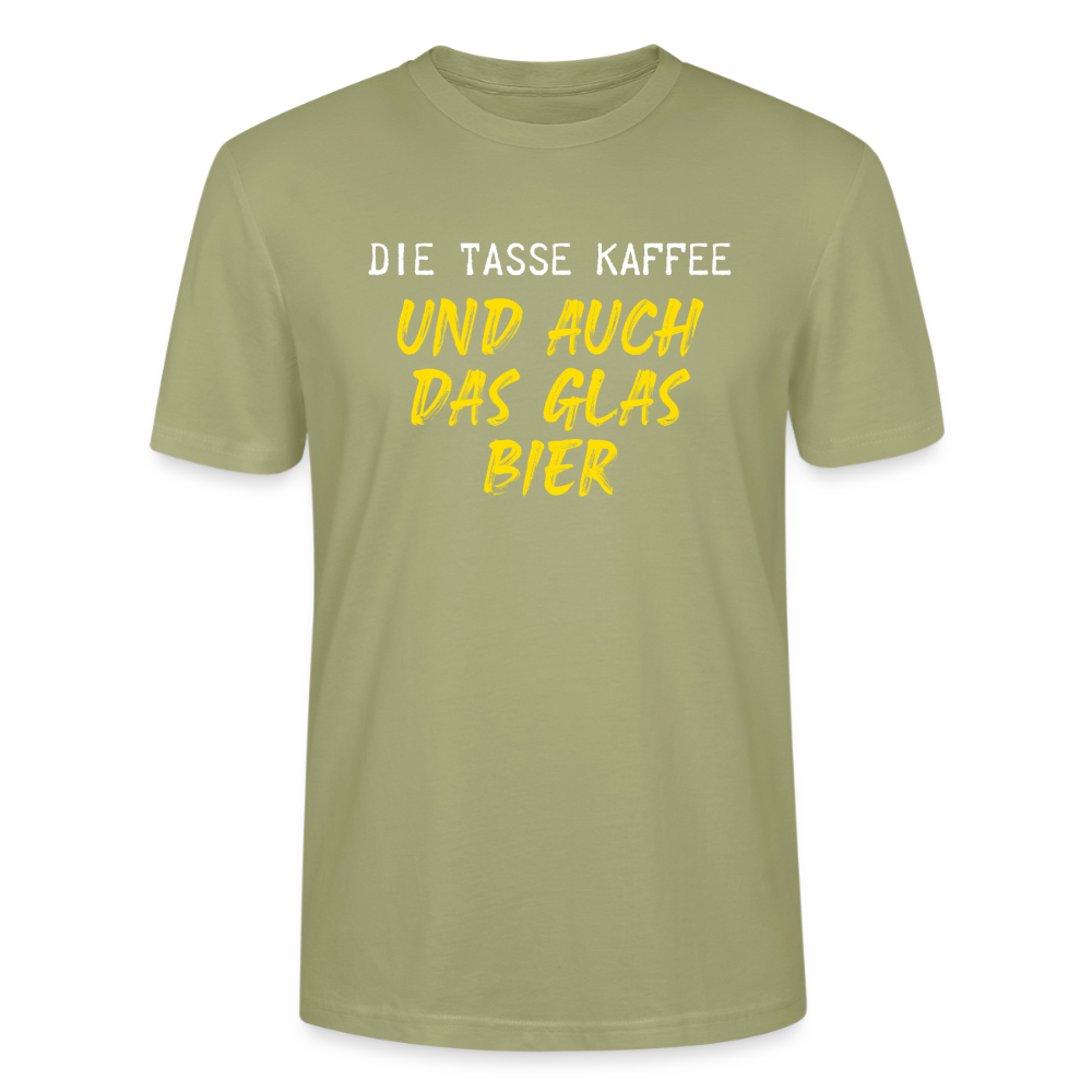 Unisex Sprüche T-Shirt 'Die Tasse Kaffee und auch das Glas Bier' - Nebelgrün