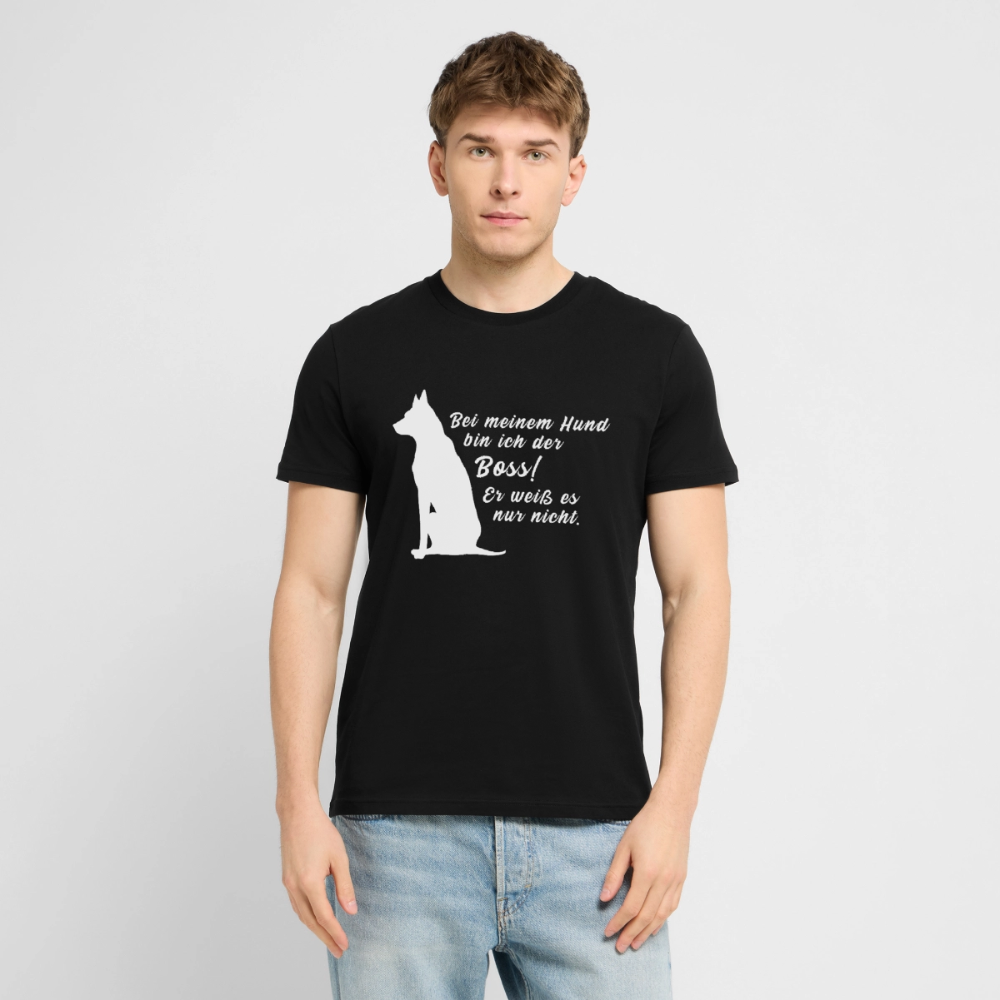 Unisex Sprüche T-Shirt 'Bei meinem Hund bin ich der Boss! Er weiß es nur nicht.' - Schwarz