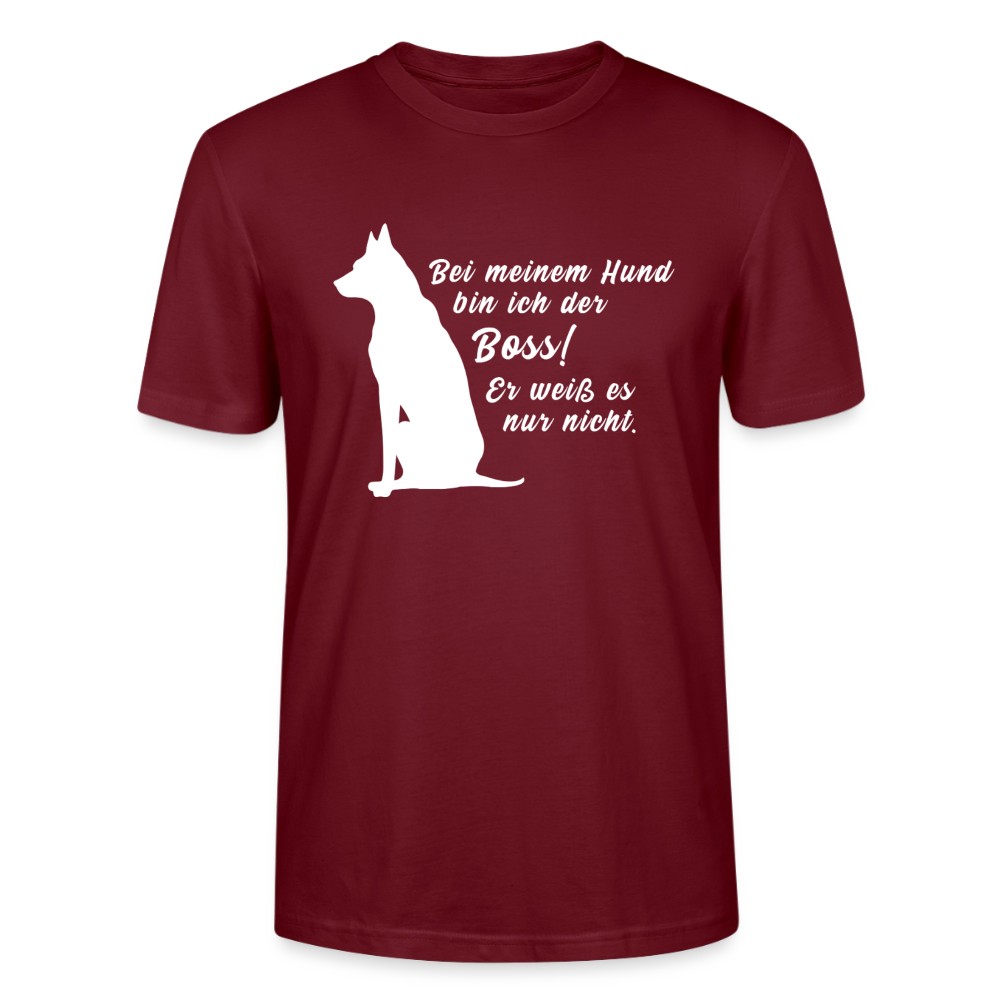Unisex Sprüche T-Shirt 'Bei meinem Hund bin ich der Boss! Er weiß es nur nicht.' - Burgunderrot