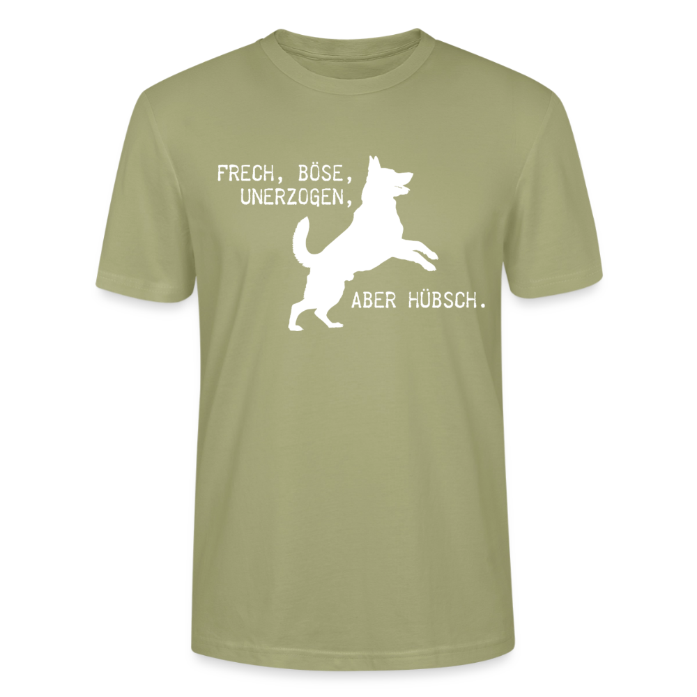 Unisex Sprüche T-Shirt 'Frech, böse, unerzogen, aber hübsch.' - Nebelgrün