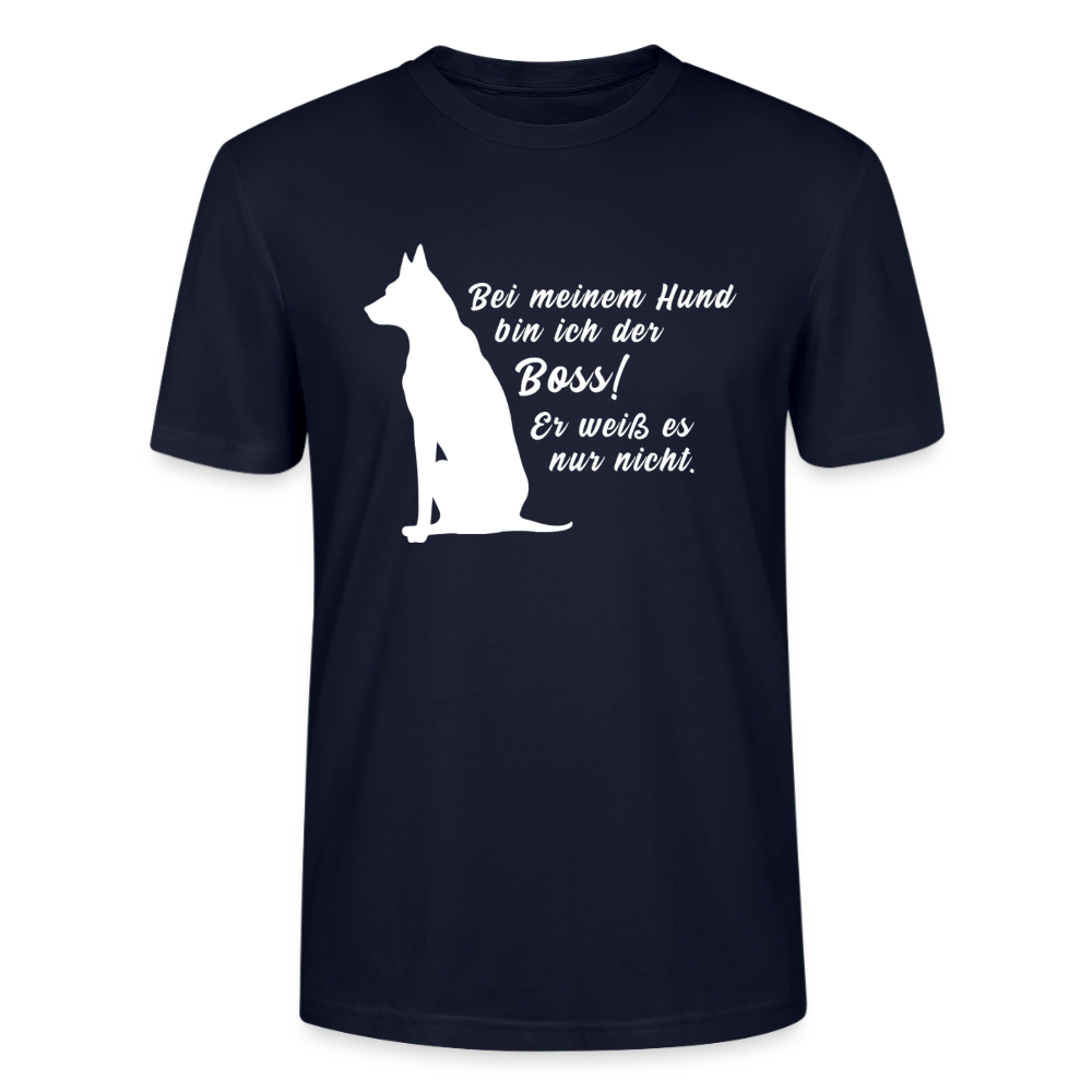 Unisex Sprüche T-Shirt 'Bei meinem Hund bin ich der Boss! Er weiß es nur nicht.' - Navy