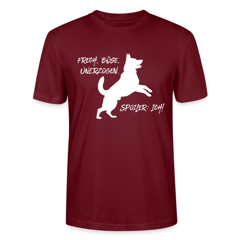 Unisex Sprüche T-Shirt 'Frech, böse, unerzogen. Spoiler: Ich!' - Burgunderrot