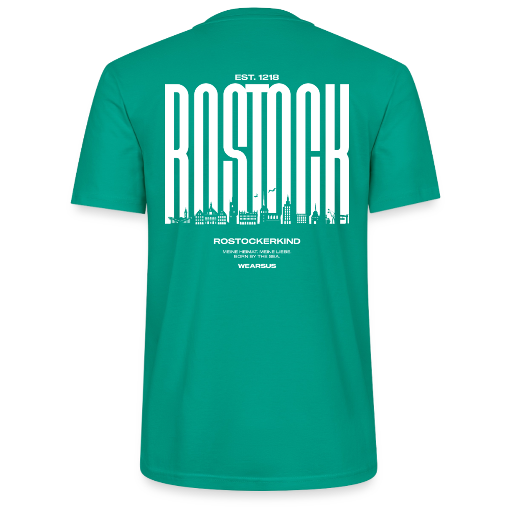 Rostock 'Rostockerkind' Bio T-Shirt Unisex Back Print Farbe - Blaugrün