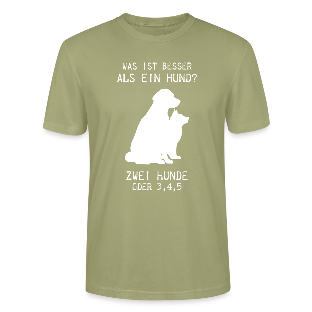 Unisex Sprüche T-Shirt 'Was ist besser als ein Hund? Zwei Hunde oder 3,4,5' - Nebelgrün