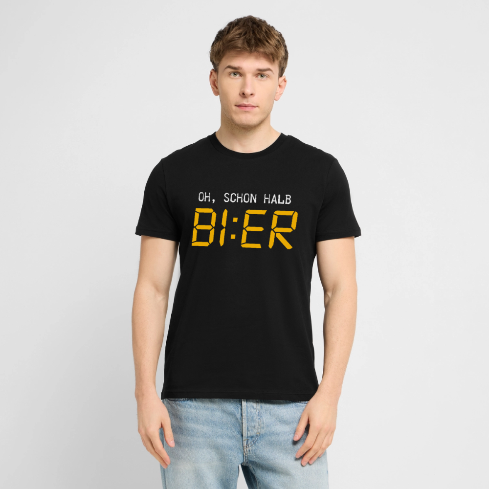 Unisex Sprüche T-Shirt 'Oh, schon halb Bier' - Schwarz