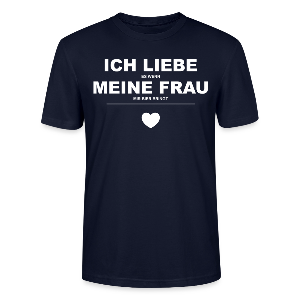 Unisex Sprüche T-Shirt 'Ich liebe es wenn meine Frau mir Bier bringt' - Navy