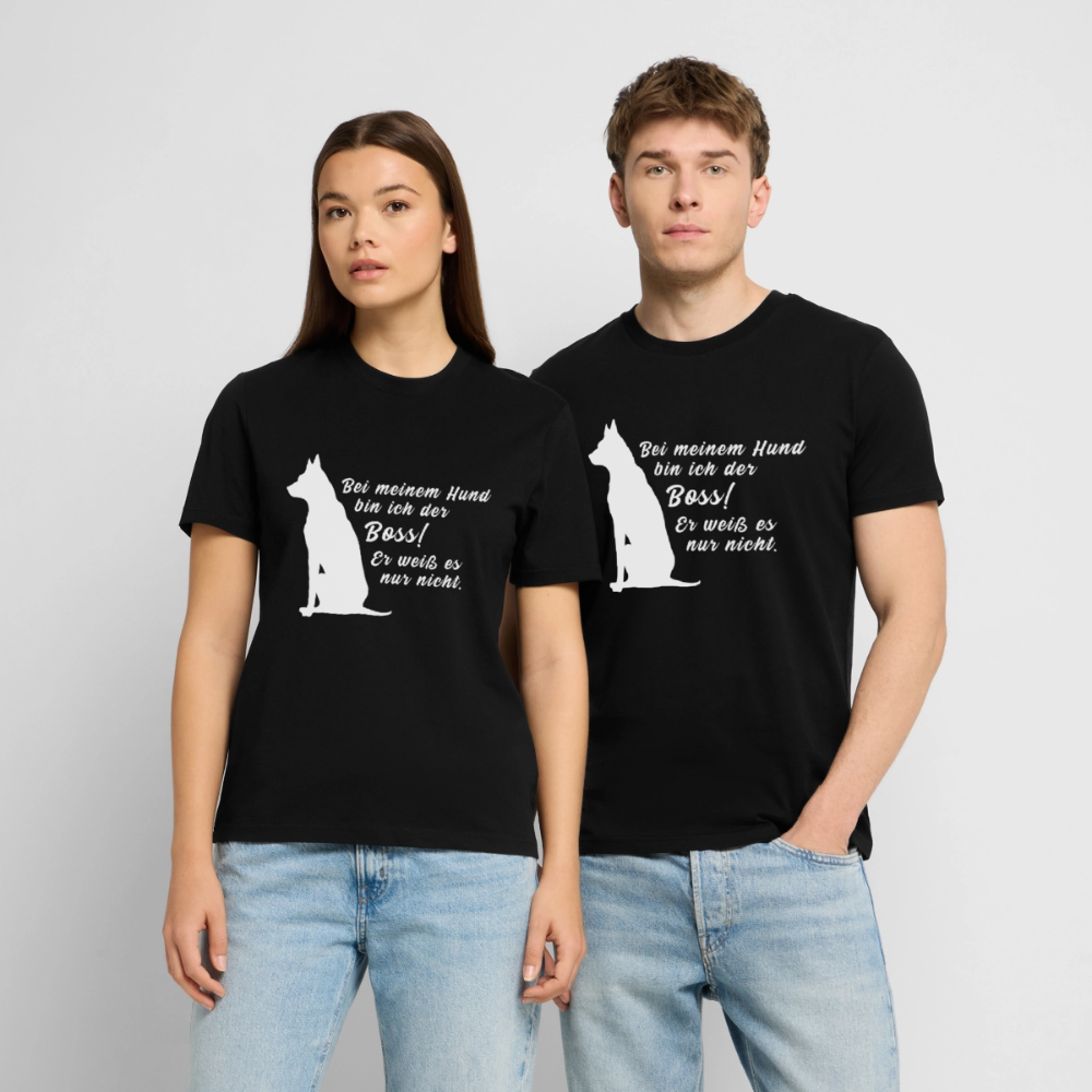 Unisex Sprüche T-Shirt 'Bei meinem Hund bin ich der Boss! Er weiß es nur nicht.' - Schwarz
